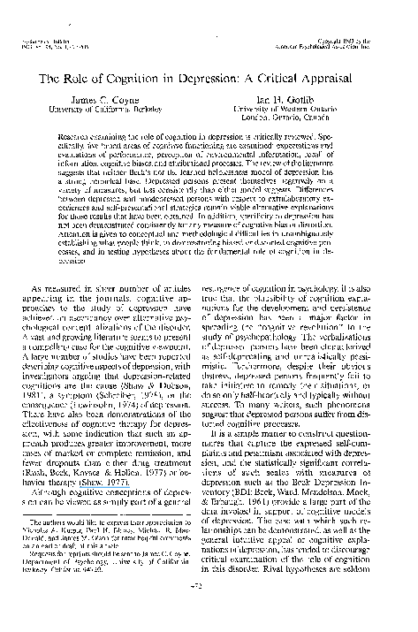 (PDF) The role of cognition in depression: A critical appraisal