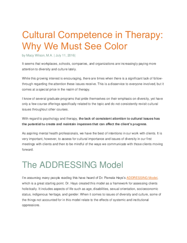 (PDF) Cultural Competence in Therapy: Why We Must See Color