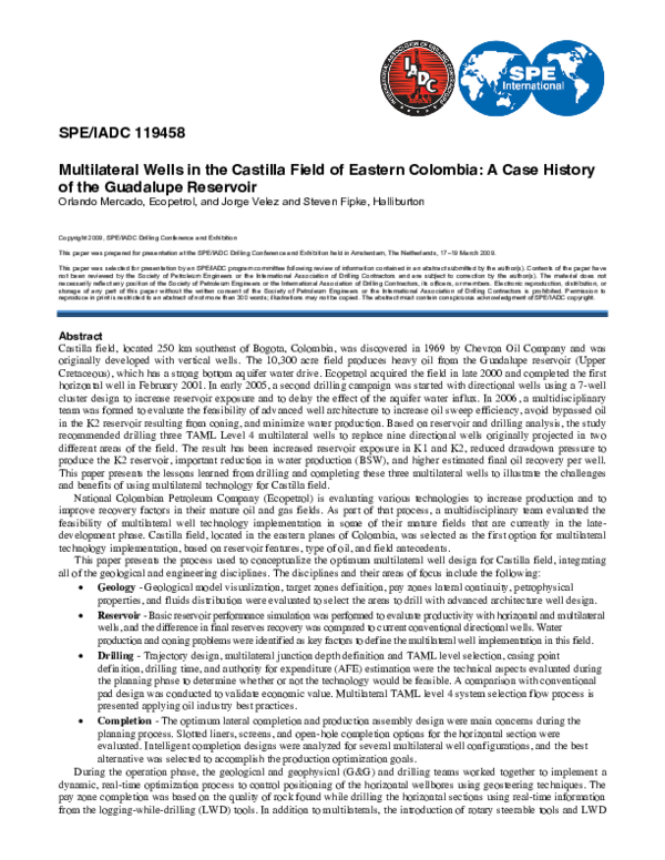 (PDF) SPE/IADC 119458 Multilateral Wells in the Castilla Field of ...