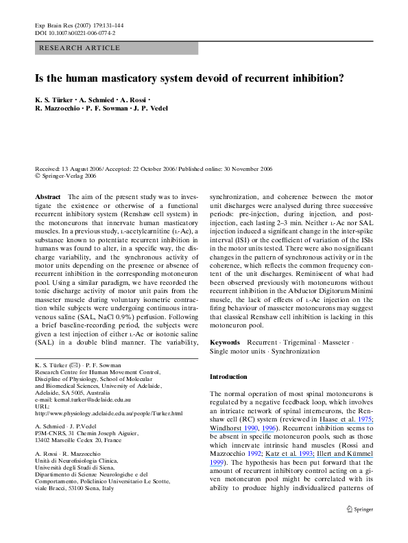 (PDF) Is the human masticatory system devoid of recurrent inhibition?