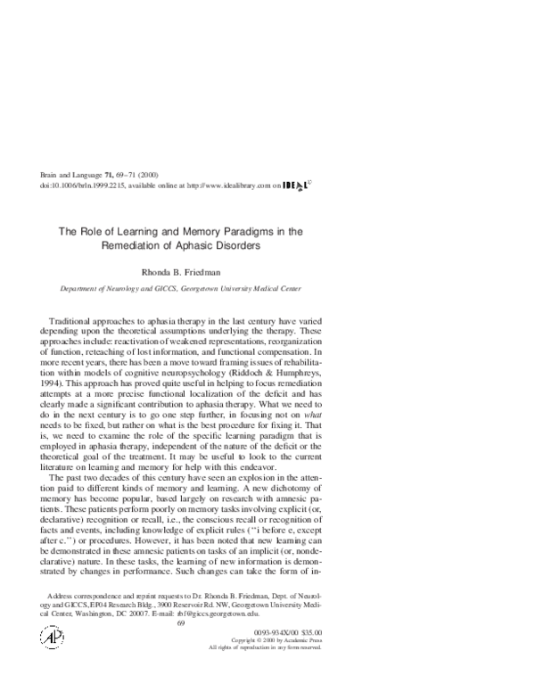 (PDF) The Role of Learning and Memory Paradigms in the Remediation of ...