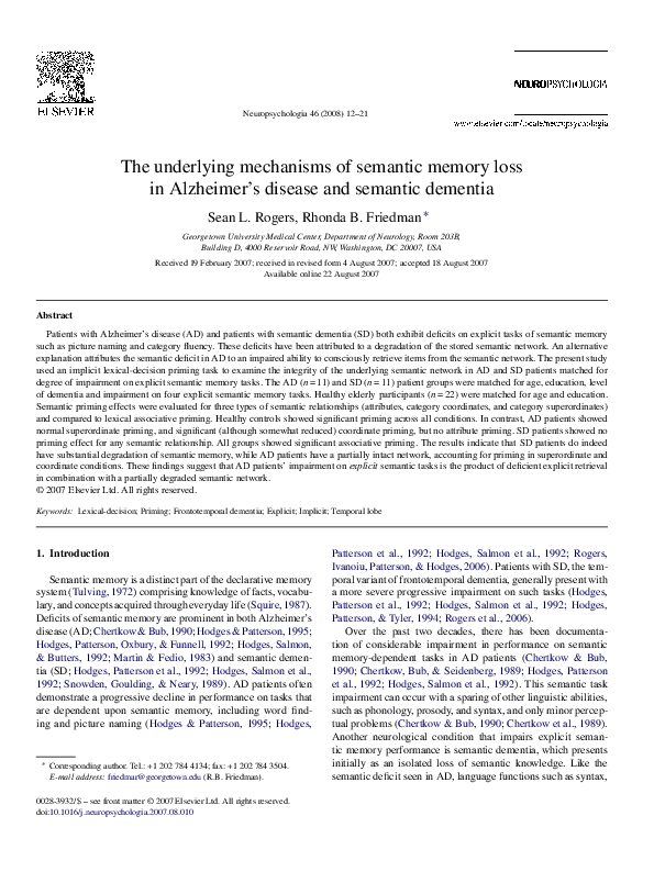 (PDF) The underlying mechanisms of semantic memory loss in Alzheimer's ...