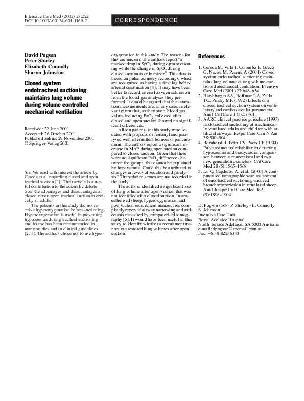 (PDF) Closed system endotracheal suctioning maintains lung volume ...
