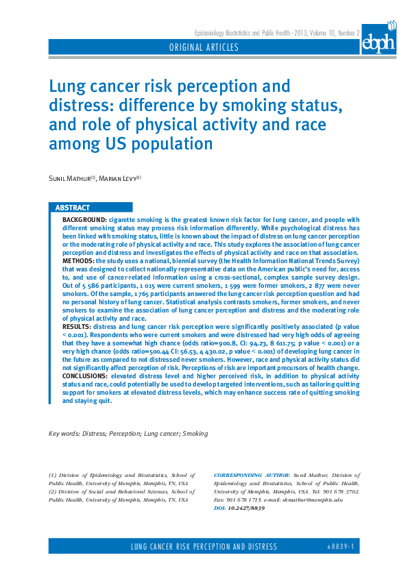 (PDF) Lung cancer risk perception and distress: difference by smoking ...