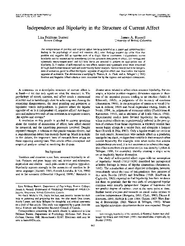 (PDF) Independence and bipolarity in the structure of current affect