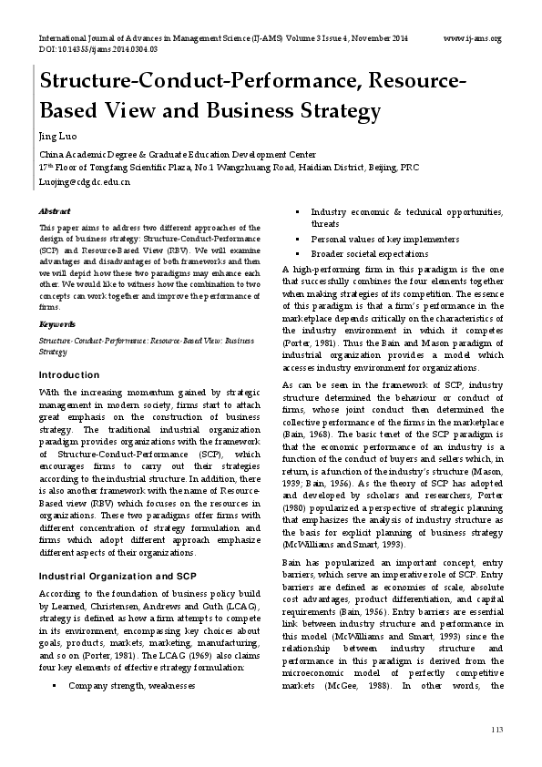 (PDF) Structure-Conduct-Performance, Resource-Based View and Business ...