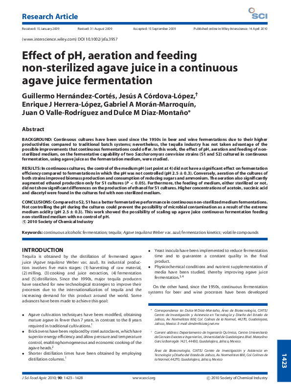 (PDF) Effect of pH, aeration and feeding non-sterilized agave juice in ...