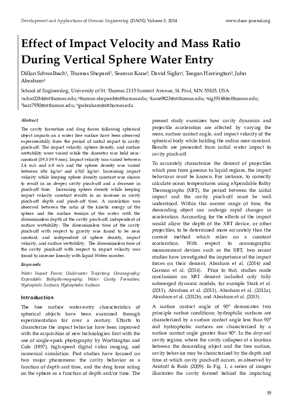 (PDF) Effect of Impact Velocity and Mass Ratio During Vertical Sphere Water Entry Co. SEP