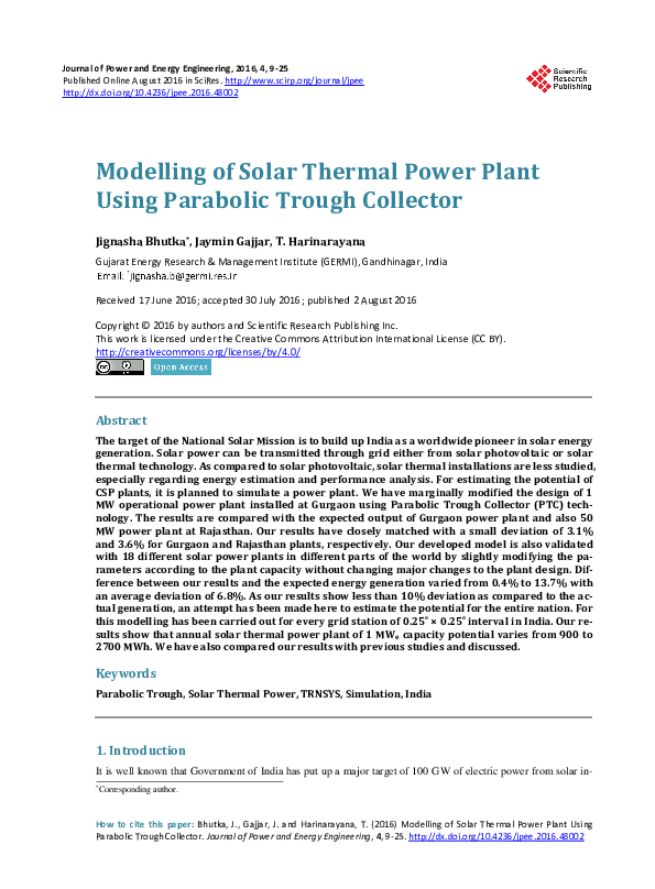 (PDF) Modelling of Solar Thermal Power Plant Using Parabolic Trough ...