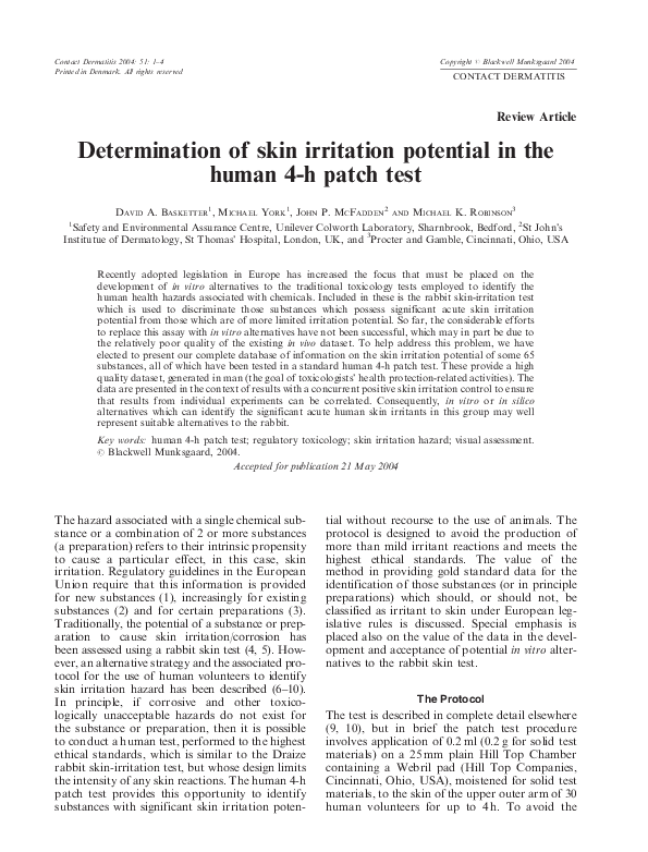 (PDF) Determination of skin irritation potential in the human 4h patch