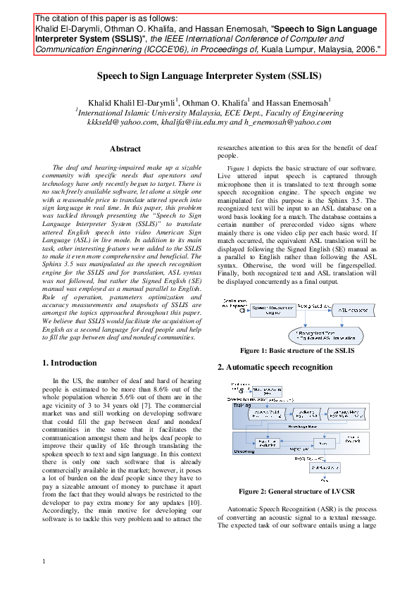 (PDF) Speech to Sign Language Interpreter System (SSLIS)