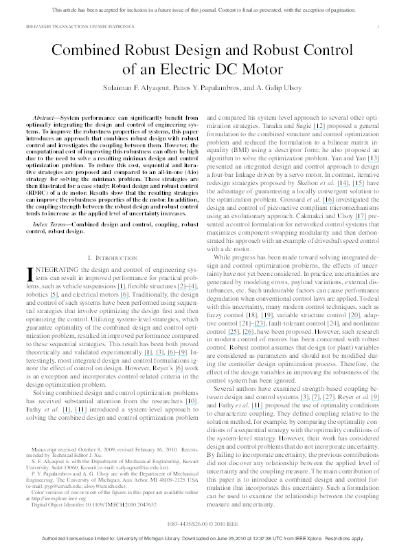 (PDF) Combined Robust Design and Robust Control of an Electric DC Motor