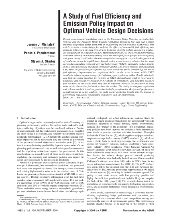 (PDF) A Study of Fuel Efficiency and Emission Policy Impact on Optimal ...