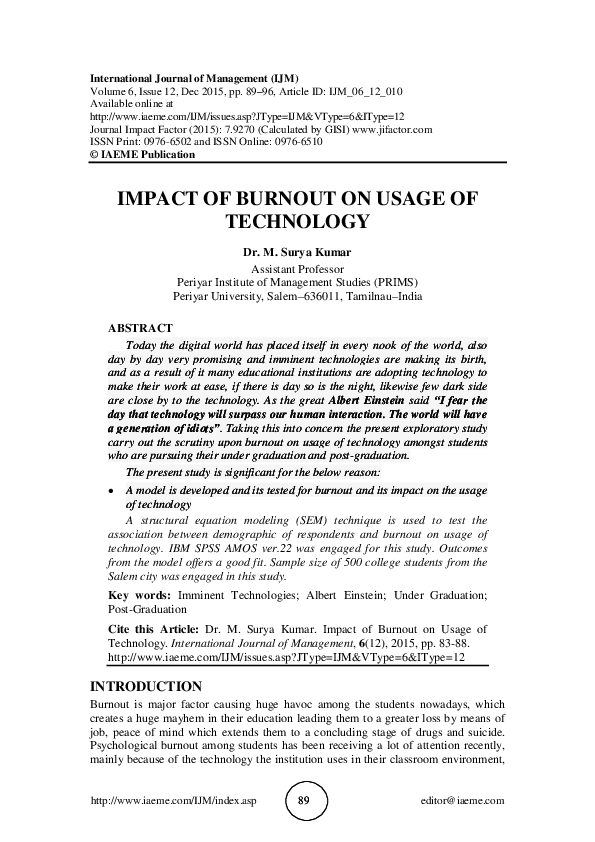 (PDF) IMPACT OF BURNOUT ON USAGE OF TECHNOLOGY