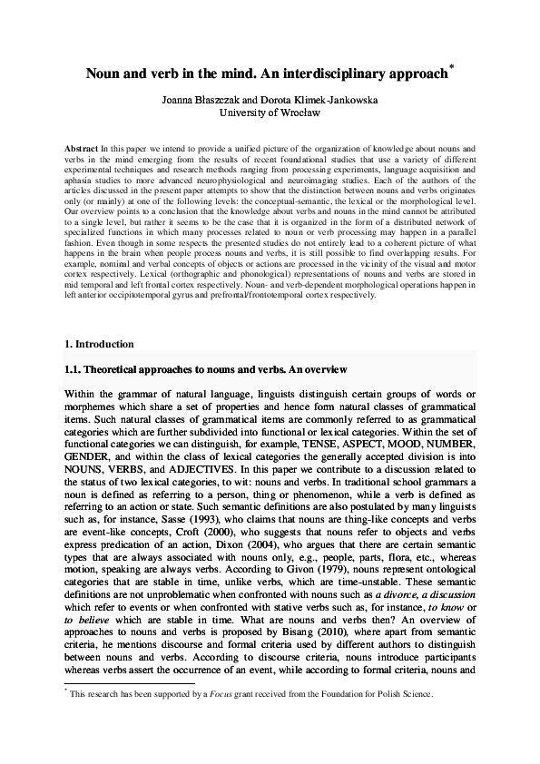(PDF) Noun and verb in the mind. An interdisciplinary approach