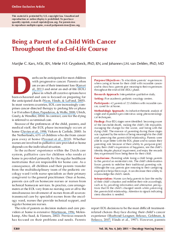 (PDF) Being a Parent of a Child With Cancer Throughout the End-of-Life ...