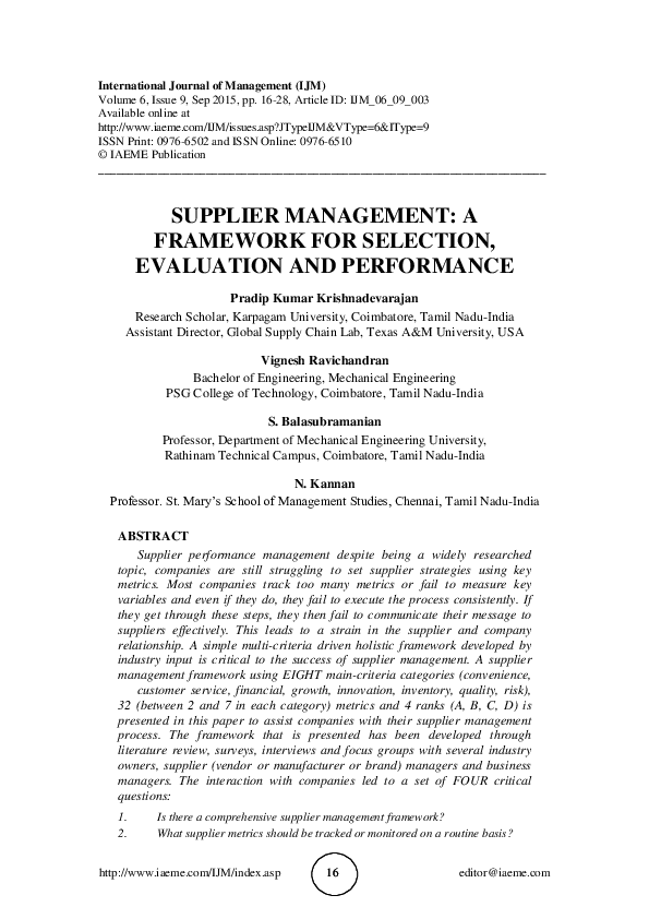 (PDF) SUPPLIER MANAGEMENT: A FRAMEWORK FOR SELECTION, EVALUATION AND ...