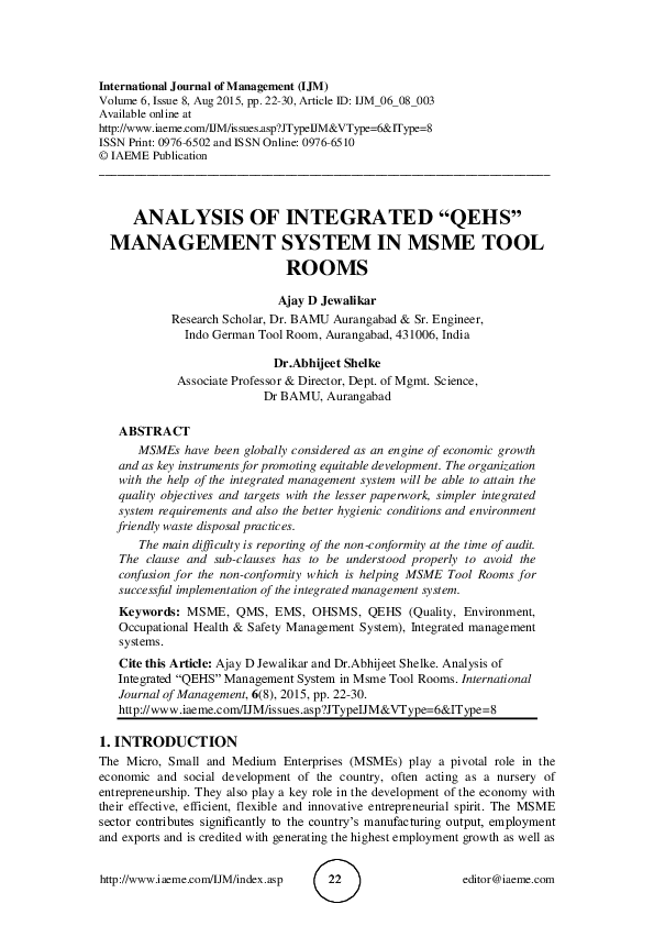 (PDF) ANALYSIS OF INTEGRATED " QEHS " MANAGEMENT SYSTEM IN MSME TOOL