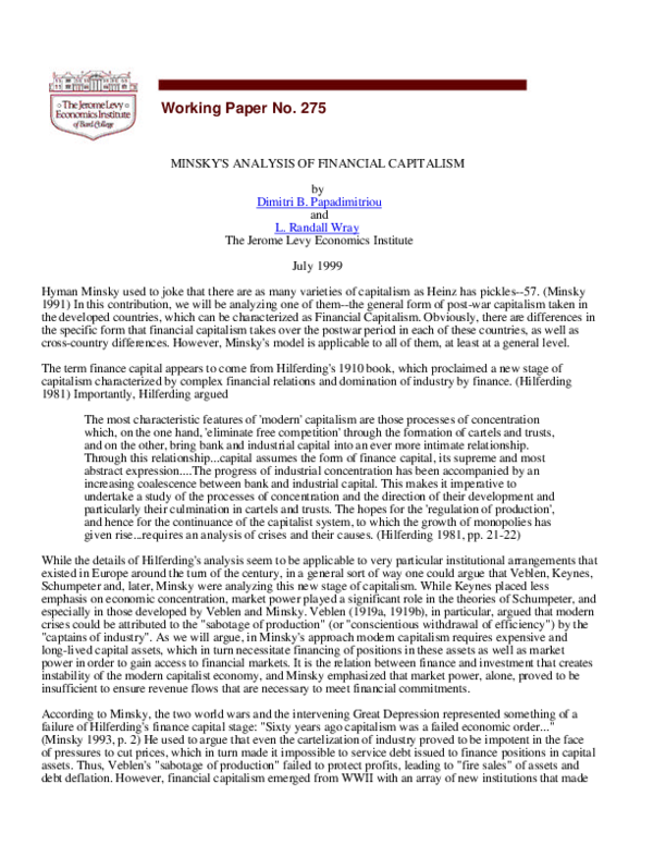 (PDF) Minsky's Analysis of Financial Capitalism