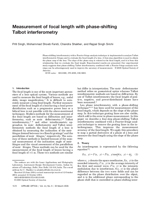 (PDF) Measurement of focal length with phase-shifting Talbot interferometry