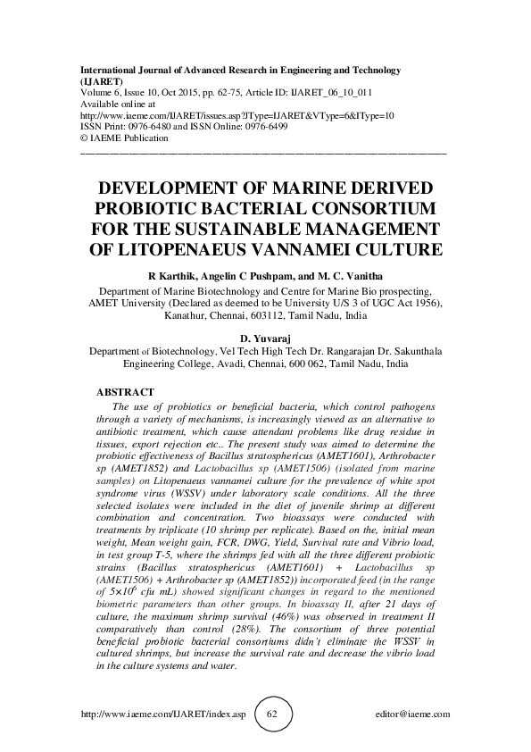 (PDF) DEVELOPMENT OF MARINE DERIVED PROBIOTIC BACTERIAL CONSORTIUM FOR ...
