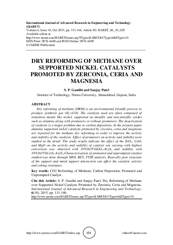 (PDF) DRY REFORMING OF METHANE OVER SUPPORTED NICKEL CATALYSTS PROMOTED ...