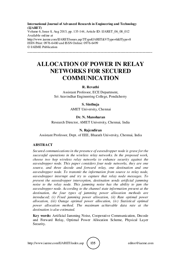 (PDF) ALLOCATION OF POWER IN RELAY NETWORKS FOR SECURED COMMUNICATION