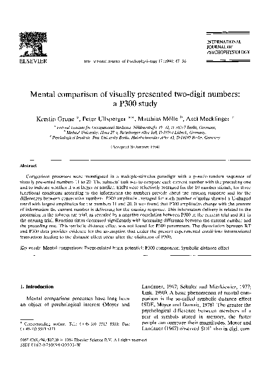 (PDF) Mental comparison of visually presented two-digit numbers: a P300 ...