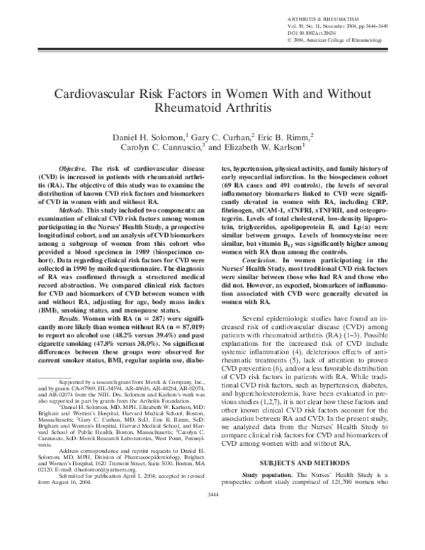 (PDF) Cardiovascular risk factors in women with and without rheumatoid ...