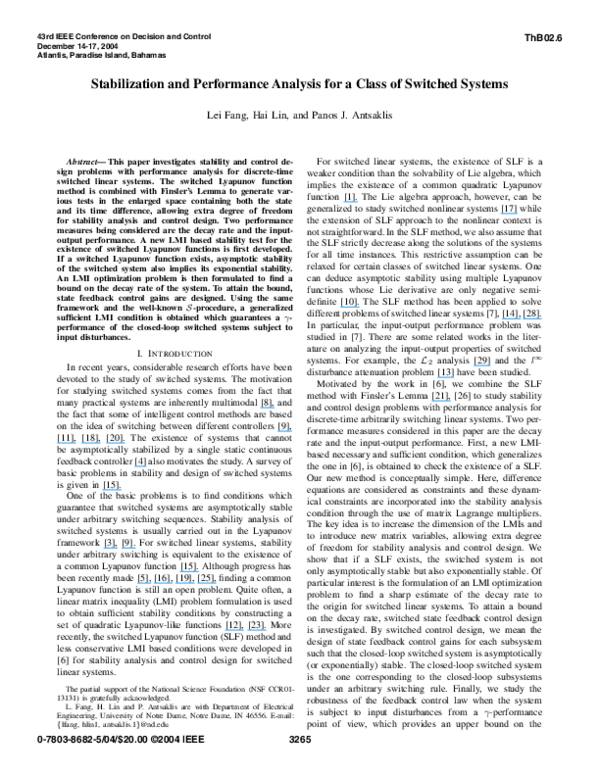(PDF) Stabilization and performance analysis for a class of switched ...