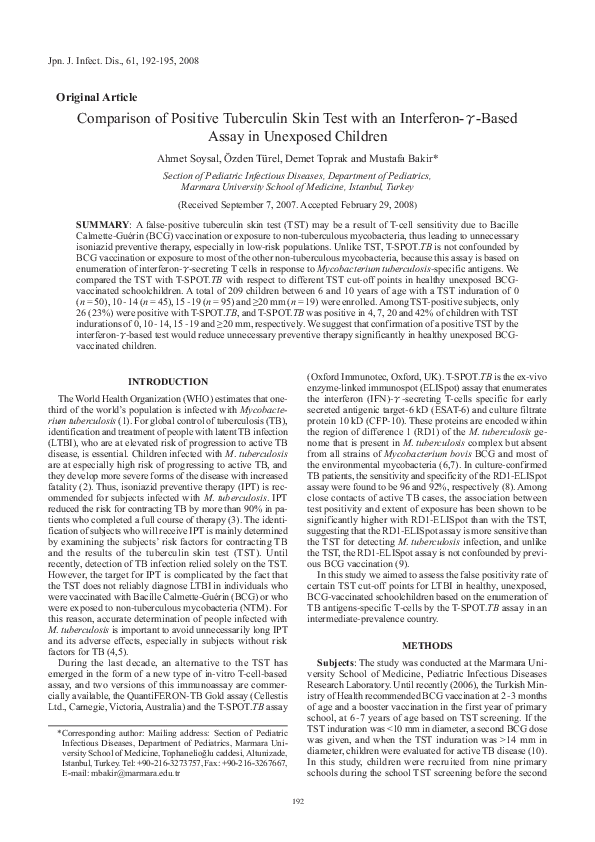 (PDF) Comparison of Positive Tuberculin Skin Test with an Interferon-γ ...