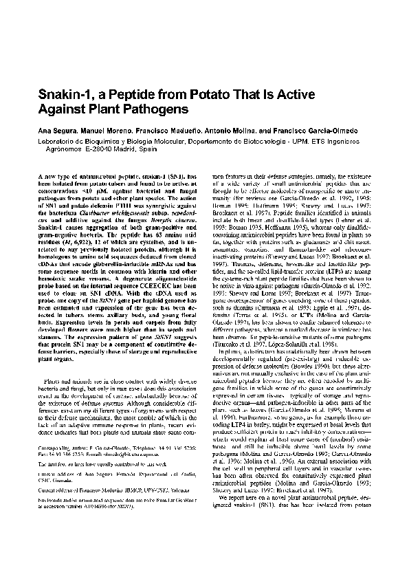 (PDF) Snakin-1, a Peptide from Potato That Is Active Against Plant ...
