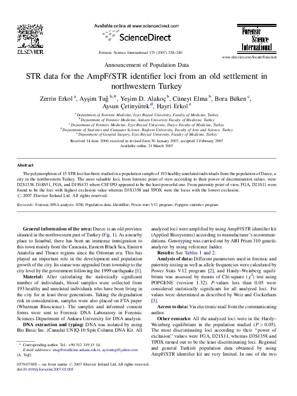 (PDF) STR data for the AmpF ℓSTR identifier loci from an old settlement ...