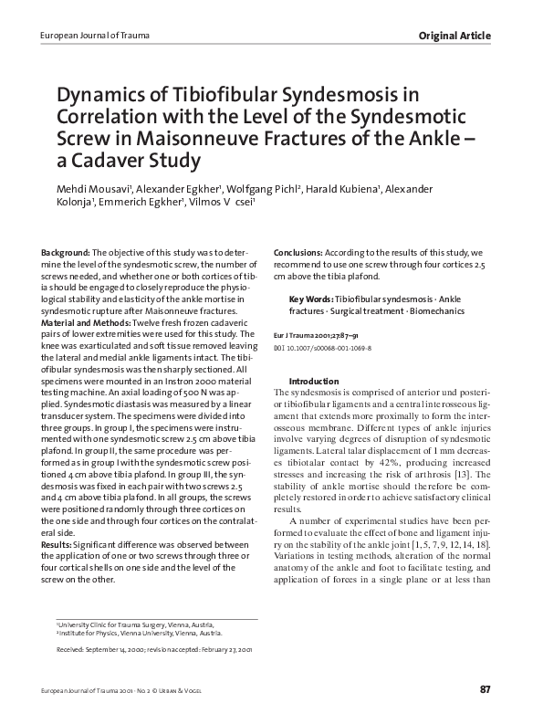 (PDF) Dynamics of Tibiofibular Syndesmosis in Correlation with the ...