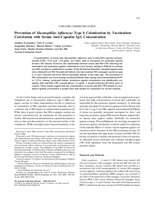 (PDF) Prevention of Haemophilus influenzae Type b Colonization by ...