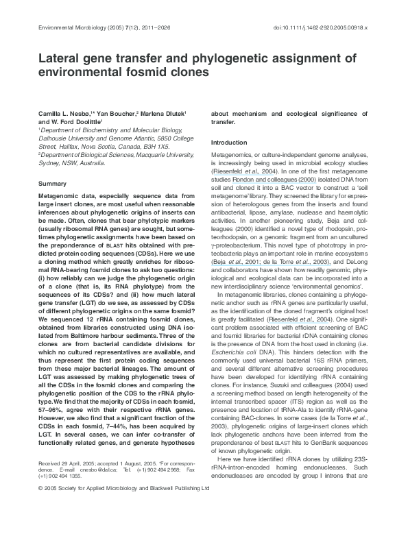 (PDF) Lateral gene transfer and phylogenetic assignment of ...