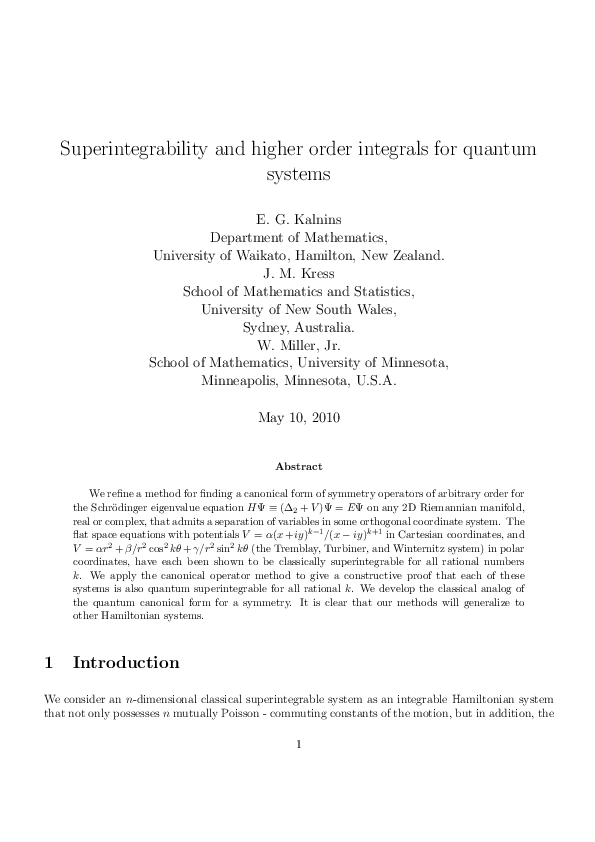 (PDF) Superintegrability and higher order integrals for quantum systems