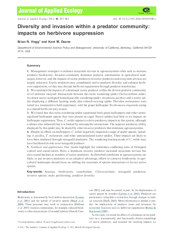 (PDF) Diversity and invasion within a predator community: impacts on ...