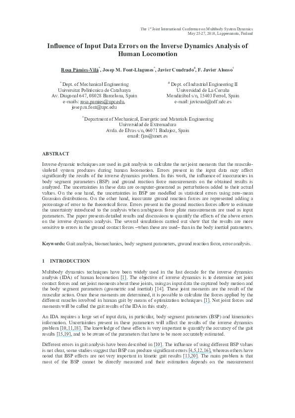 (PDF) Influence of Input Data Errors on the Inverse Dynamics Analysis ...