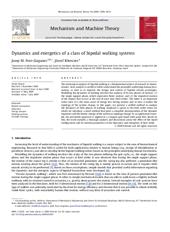 (PDF) Dynamics and energetics of a class of bipedal walking systems
