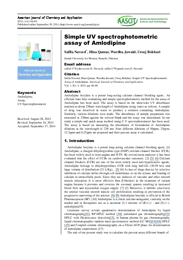 (PDF) Simple UV spectrophotometric assay of Amlodipine Hina Qamar