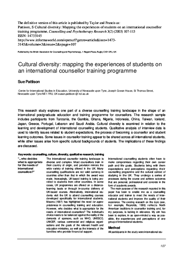 (PDF) Cultural diversity: Mapping the experiences of students on an ...