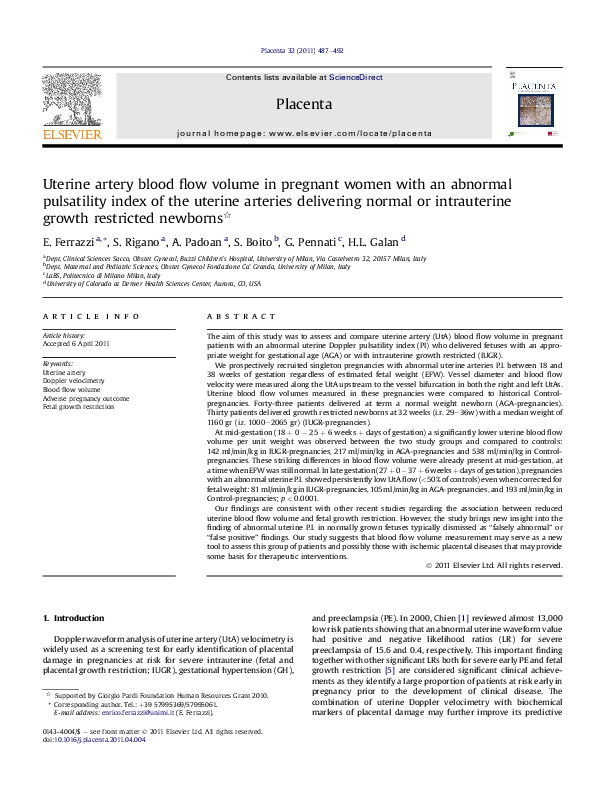 (PDF) Uterine artery blood flow volume in pregnant women with an ...