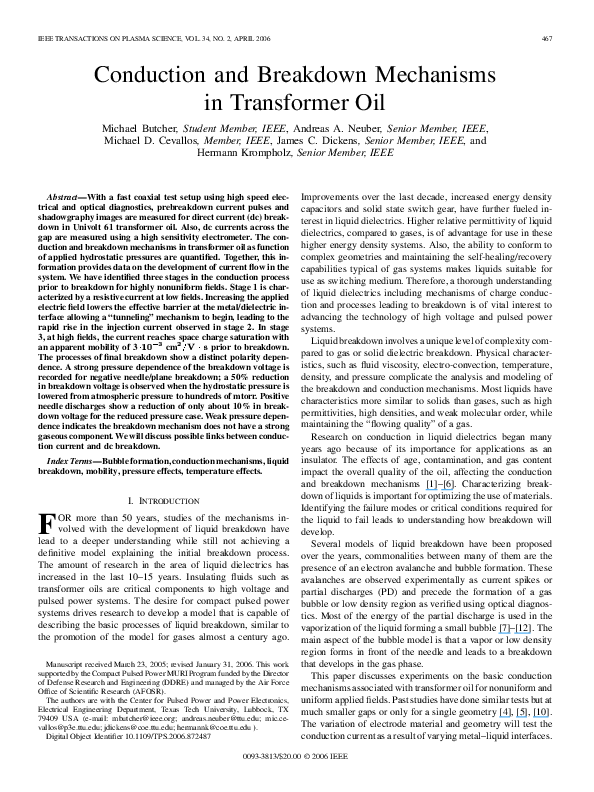 (PDF) Conduction and breakdown mechanismsin transformer oil
