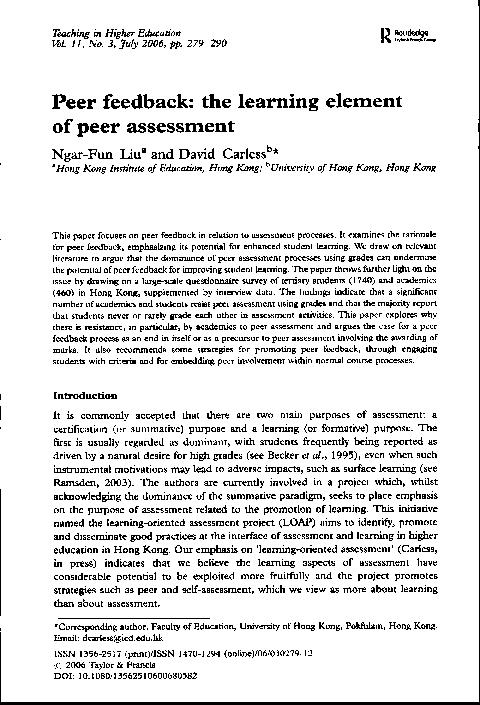 (PDF) Peer feedback: the learning element of peer assessment
