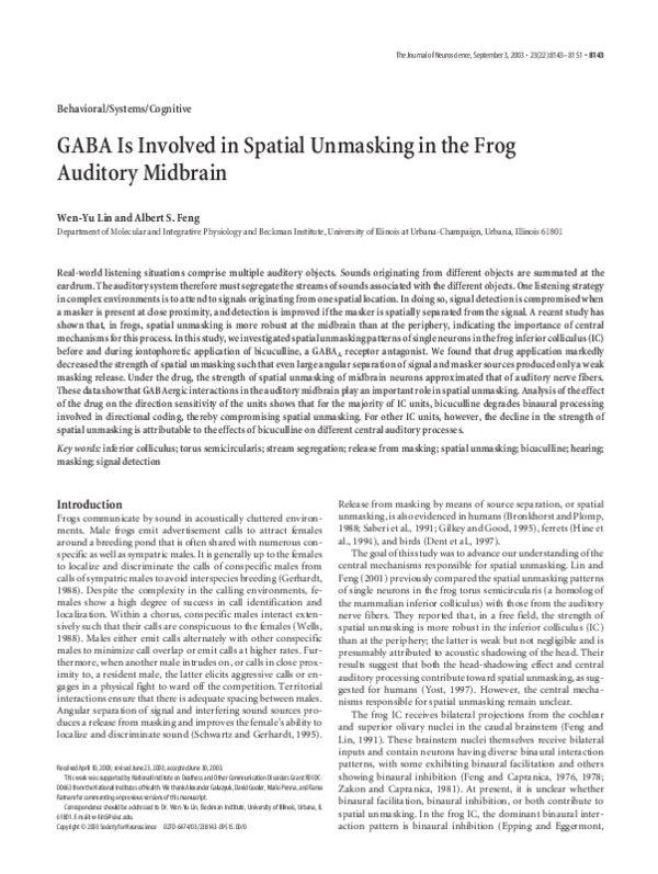 (PDF) GABA is involved in spatial unmasking in the frog auditory midbrain