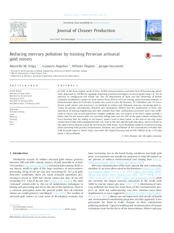 (PDF) Reducing Mercury Pollution by Training Peruvian Artisanal Gold Miners