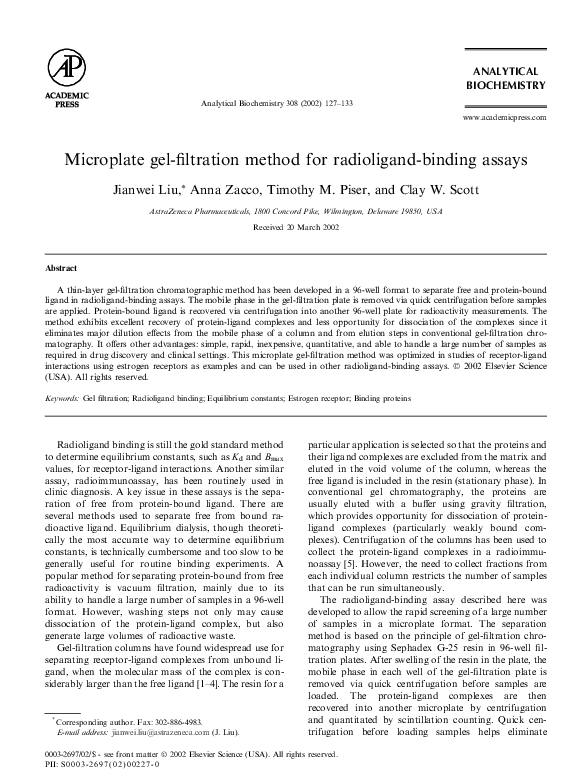 (PDF) Microplate gelfiltration method for radioligandbinding assays