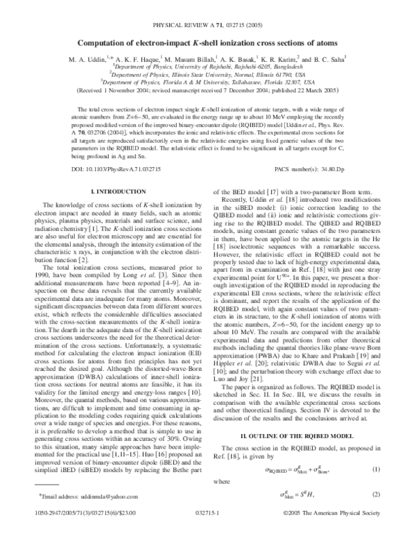 (PDF) Computation of electron-impact K -shell ionization cross sections ...