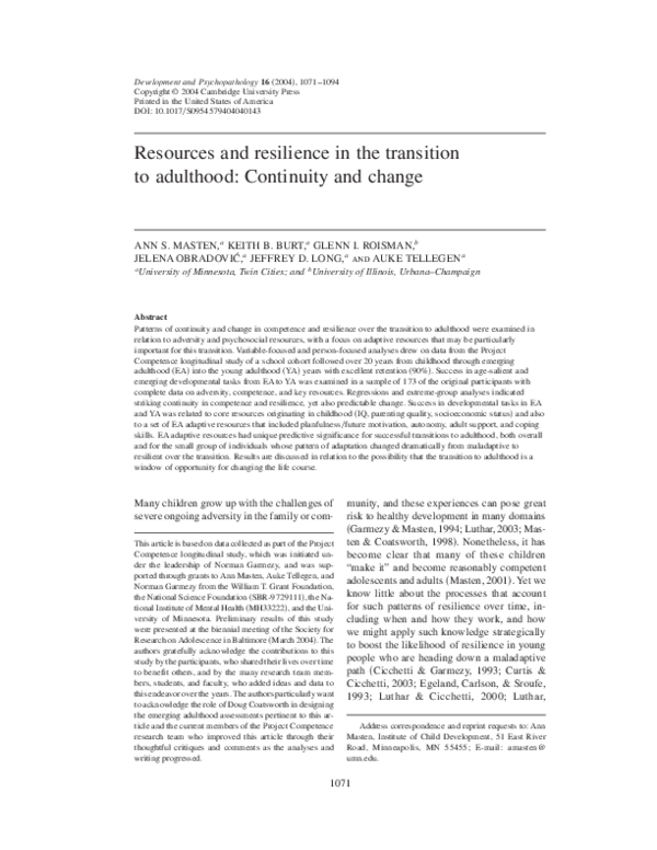 (PDF) Resources and resilience in the transition to adulthood ...